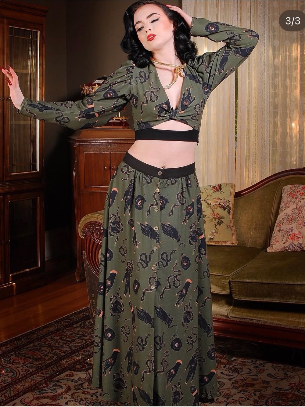 Pinup Couture Olive Green Snake Print Wrap Crop Top